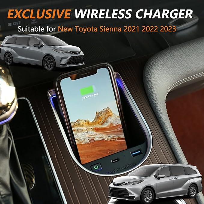 Wireless Car Charger for Toyota Sienna 2021-2023, 15W Fast Charging Phone Charger Holder for 4th Gen Toyota Sienna Accessory with 27W USB-A & Type-C for iPhone 14 13 12 Mini Pro Max 11 XS X