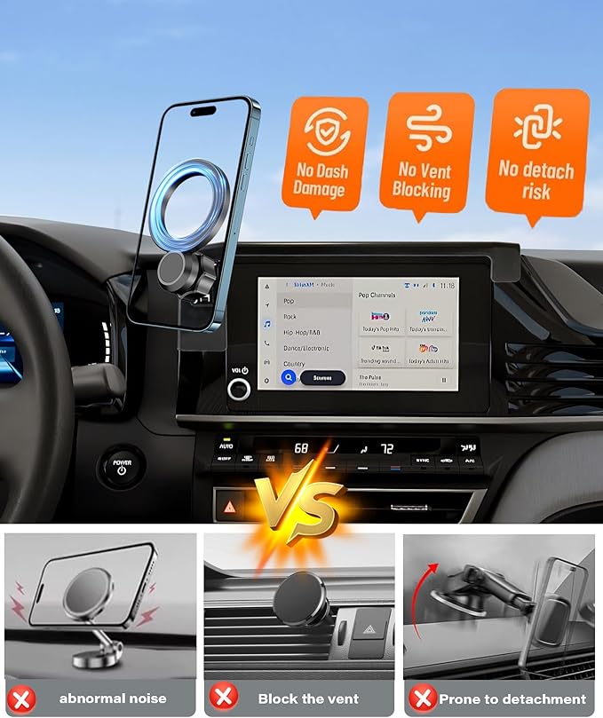 Magnetic Car Phone Mount for 2025 2026 Toyota Camry Accessories, for MagSafe Strong Magnets Cell Phone Holder 8-Inch Screen Cradles, with Portable Phone Gripper 360° Rotation