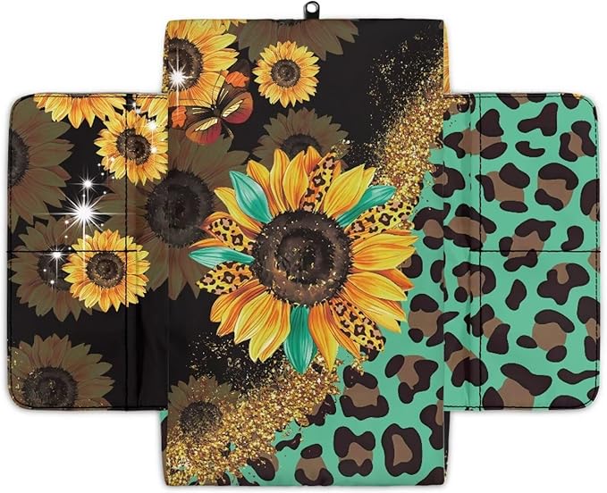 Wanyint Sunflower Leopard Print Green Car Center Console Pad Comfortable Anti-Slip Armrest Cushion with Organizer Pocket Arm Rest Cover Console Lid Protector Cushion Auto Interior Accessories
