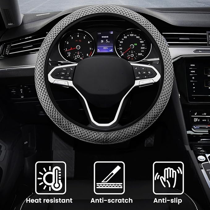 Elastic Stretch Car Steering Wheel Cover, Comfortable Steering Wheel Cover Universal for 14.5-15 Inch, Warm in Winter & Cool in Summer, Anti-Slip Breathable Ice Silk (Gray)