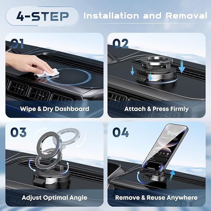 Strong Magnetic Phone Holder for Car & Desk, Compatible with MagSafe, Secure Lock, Universal 360° Rota-Table Car Phone Mount for Dashboard, Glass, Table, Carbon Fiber