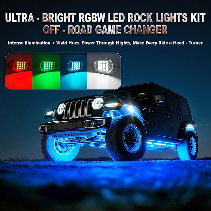 8 Pods RGBW LED Rock Lights Full Kit, 6500K Pure White (Not Mixed) & RGB Underglow for Jeeps Truck Golf Cart ATV UTV RZR Pickup, App/RF Remote Smart Brake Music Sync, Waterproof Offroad Underbody 12V