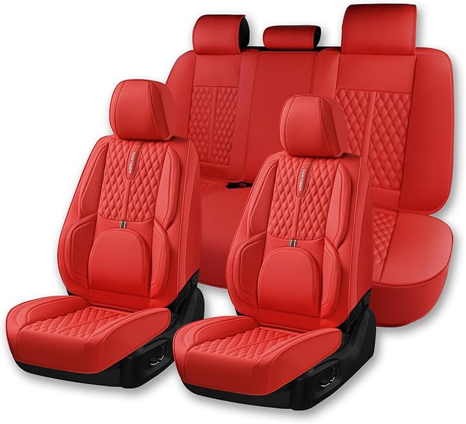 Red Car Seat Cover Full Set , Universal Car Seat Cover for Car with Lumbar Support, Premium Faux Leather, Waterproof and Easy to Clean, Airbag Compatible, Suitable for SUV, Pickup Trucks, Sedans
