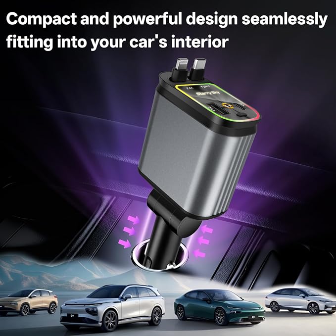 BERTHALESS Retractable Car Charger, 4 in 1 Fast Charging Car Charger USB-C & USB-A Compatible with iPhone 16/15/14/13/12/11,Galaxy,Pixel,with Red Starry Sky Light