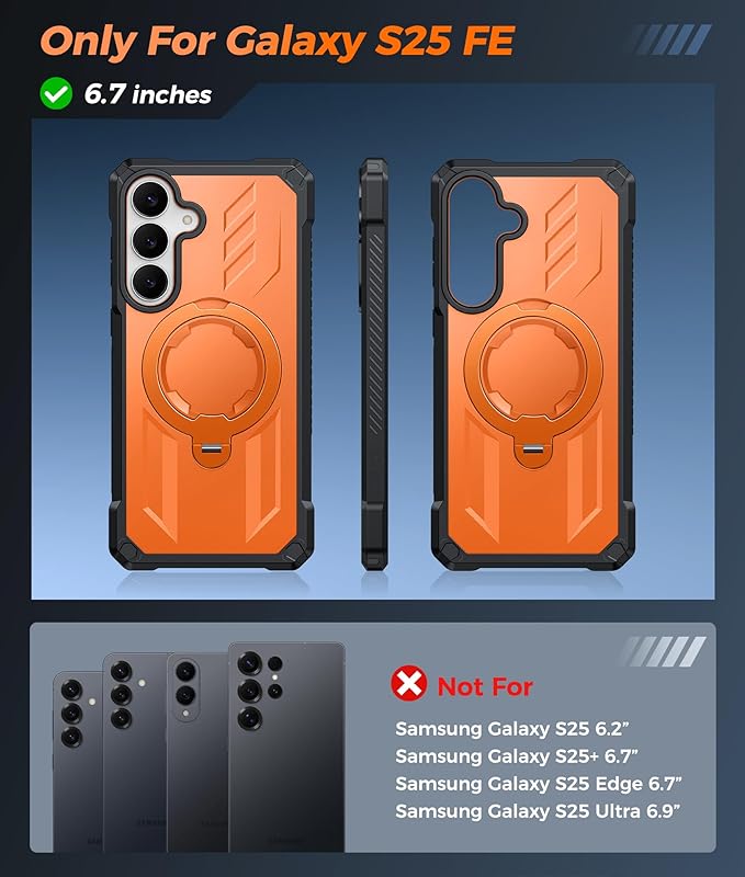 FNTCASE for Samsung Galaxy S25-FE Case: with [Magnetic Ring Kickstand] [Screen Protector] [Compatible with MagSafe] [Military-Grade Drop Protection] Heavy Duty Full Body Protective Phone Cover Orange