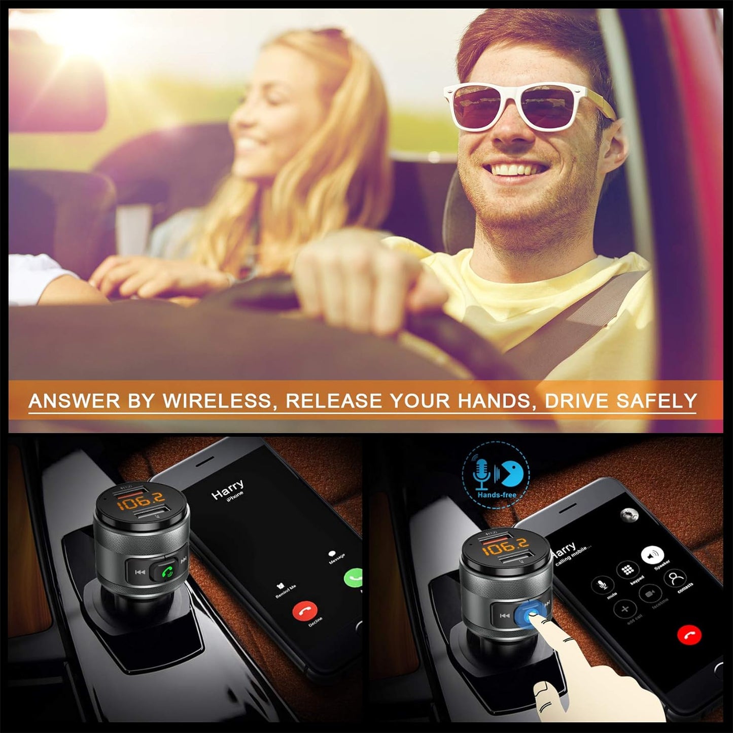 Bluetooth 5.3 FM Transmitter for Car, 3.0 Wireless Bluetooth FM Radio Adapter Music Player FM Transmitter/Car Kit with Hands-Free Calling and 2 USB Ports Charger Support USB Drive