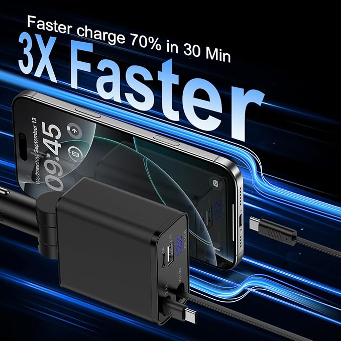 Retractable Type C Fast Car Charger,45W 4-Port USB C & USB A Car Phone Charger Adapter with 31.5 Inch Retractable USB C Cable for iPhone 17 Pro Max/16e/16 Samsung Galaxy A17/A16/A15/S25 Ultra Pixel 10