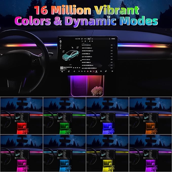 Interior Car LED Strip Lights for Tesla Model 3 Y 2021-2023, 16 Million Colors Ambient Lighting Kit with APP Control, Music Sync Color Change Neon Lights for Dashboard & Center Console