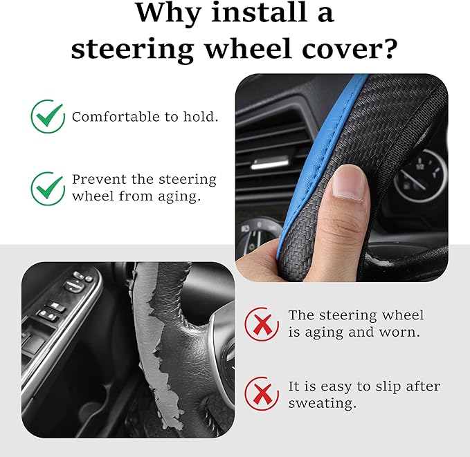 Car Steering Wheel Cover, 15 inch Carbon Fiber Microfiber Anti-Slip Breathable PU Leather Elastic Steering Wheel Protector, Car Interior Accessories for Most Cars (Blue)