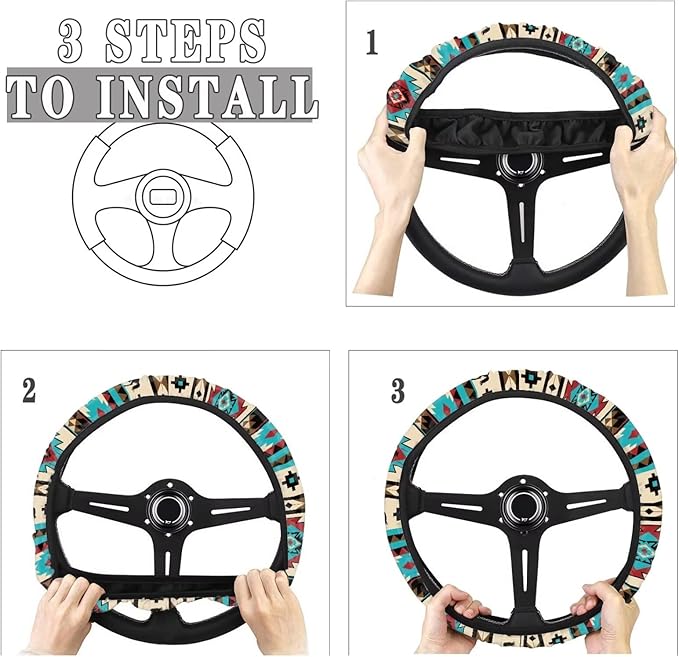 SEANATIVE Universal Steering Wheel Cover, Easy to Disassemble, Non-Slip Soft Steering Wheel Cover, Blue Aztec Hores Auto Decor Accessiores