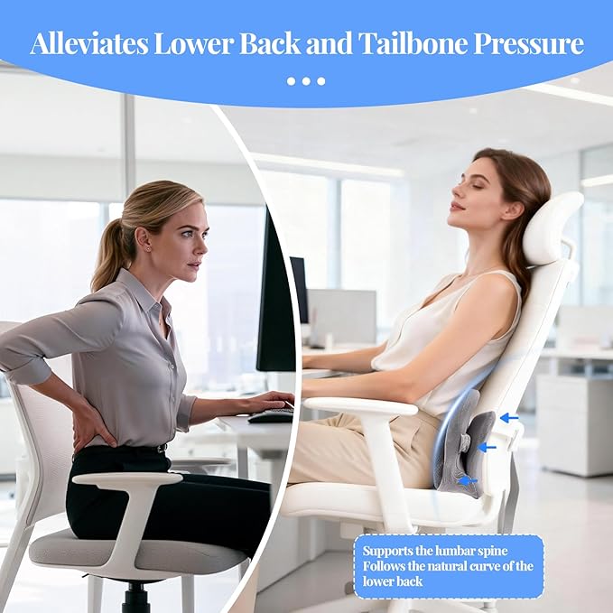 Lumbar Support Pillow for Office Chair and Car, Memory Foam Back Cushion Provides Lumbar Support to Relieve Back Pain, Ideal for Driving and Office Use (Gray)