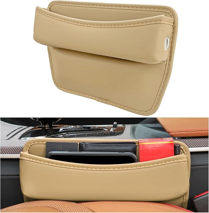 DXNQ Large Capacity Car Seat Gap Filler Organizer, Leather Car Front Seat Slot Storage Box Keeps Car Tidy, Portable Car Seat Gap Filler with 2 Charge Holes for Phones Glasses Keys Cards (Beige)