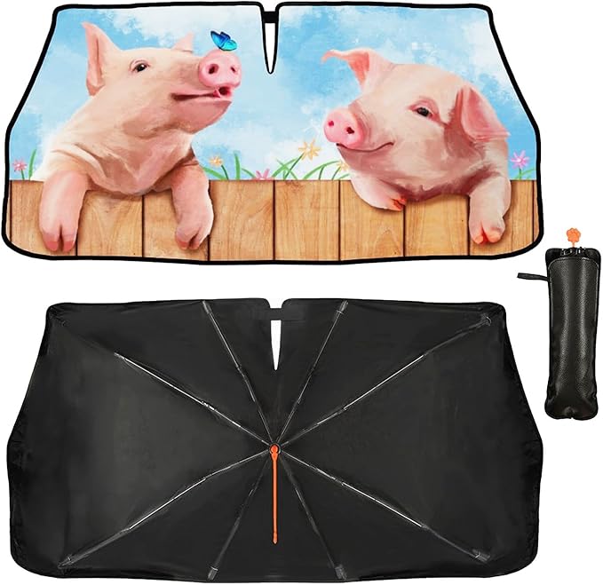 CHILL·TEK Funny Animal Car Windshield Sun Shade Umbrella, Cute Pig Car Sun Shade Umbrella, Block UV Rays Heat Foldable Windshield Umbrella Sun Visor Protector - Keep Vehicle Cool for Cars SUV