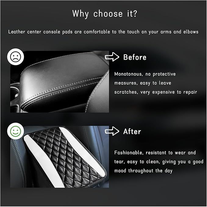 Car Center Console Cushion Pad, Universal Leather Waterproof Armrest Seat Box Cover, Comfortable Auto Armrest Cover Protector, Car Interior Decor Accessories for Most Vehicles (Black & White)