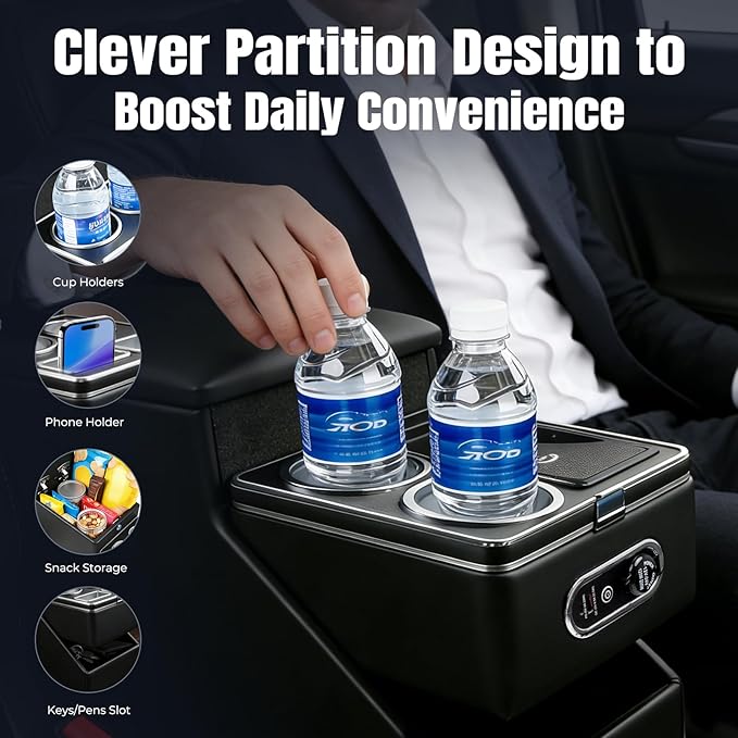 Vehicle Center Console Organizer with 7-Color Ambient Light & 10W Wireless Charging - Lockable Storage & Dual Cup Holders for Minivans, SUVs & Vans 10.24 inch Wide