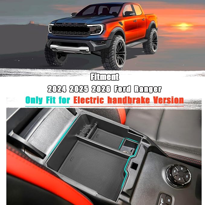 Center Console Organizer Tray Compatible with 2024 2025 2026 Ford Ranger Raptor Lariat XL XLT Armrest Storage Box Insert Interior Accessories-ONLY FIT Electric Handbrake Version