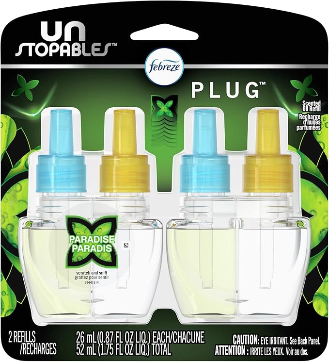 Febreze Plug in Air Fresheners, Unstopables Paradise, Odor Eliminator for Strong Odors, Scented Oil Refill (2 Count)