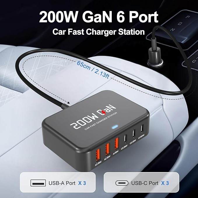 ROAYEWEY 200W USB C Car Charger，Max PD 100W USB C Car Charger for MacBook/Air,Dell Latitude/Lenovo Thinkpad, PD3.0/PPS Cigarette Lighter Adapter for iPhone 17/16/15 Series, Samsung S25/S24/S23 Series