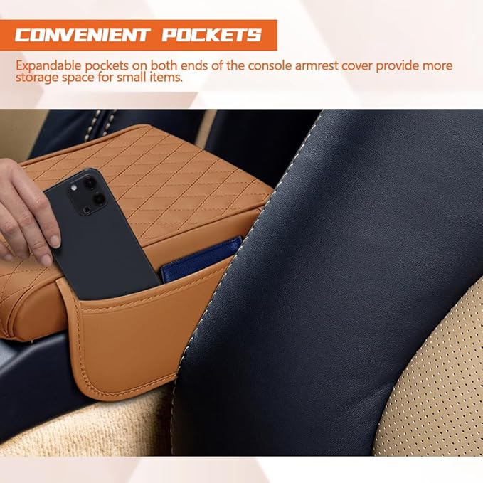 Car Center Console Cover, Napa Leather Car Armrest Cushion with Side Pockets, Memory Foam Auto Armrest Seat Box Mat, Universal Interior Armrest Protective Cover Accessories for Most Vehicle