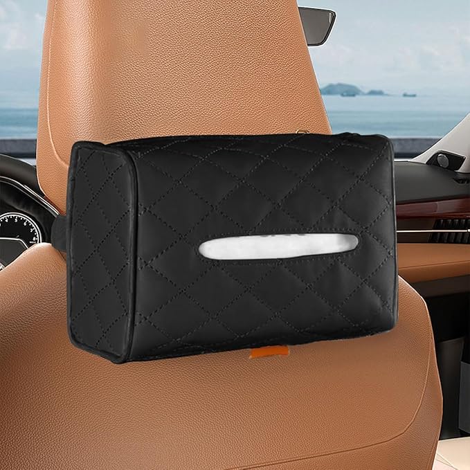 Car Tissue Holder, Soft PU Leather Auto Backseat Napkin Holder, Rectangle Hanging Tissue Box for 100-150 Standard Tissues, Universal Car Interior Storage & Organization Accessories (Black)