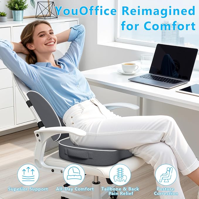 Seat Cushion, Lumbar Support Pillow with Adjustable Strap-Chair Cushions for Sciatica Pain Relief-with Washable Cover Memory Foam for Car, Travel and Wheelchair Gray/Large