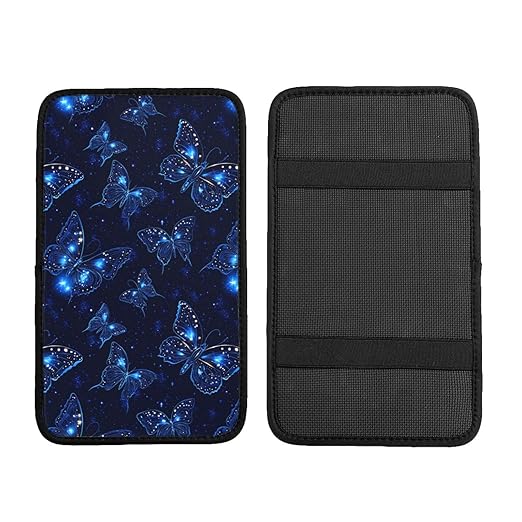 Glowing Neon Blue Celestial Style Butterfly Car Auto Armrest Cushion Cover Accessories Center Console Seat Box Pad Protector Universal Decoration for Most Vehicle SUV Truck