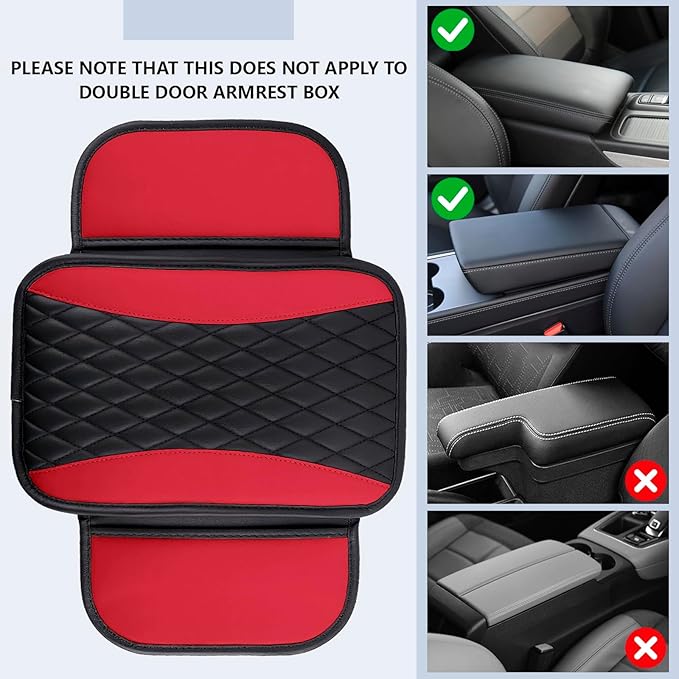 Leather Car Center Console Cover,Upgraded Center Console Cushion Pad with Side Pockets,Patchwork Arm Rest Cover for Car,Waterproof Armrest Seat Box Covers,Universal for Most Vehicles (Red)