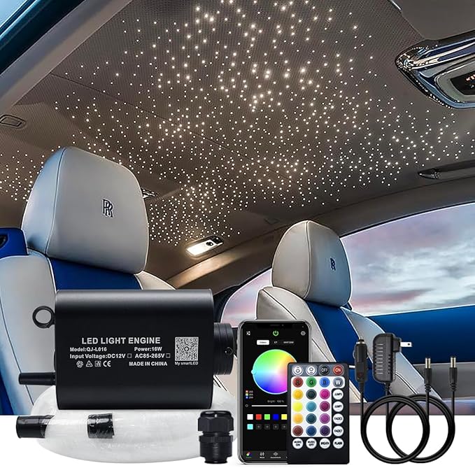 AKEPO 16W Fiber Optic Lights Starlights Headliner Kit, APP Control Optical Fiber Cable 550pcs13.1ft/4m 0.75mm RGBW Music Activated Light Source with 28key RF Remote Control for Home & Car