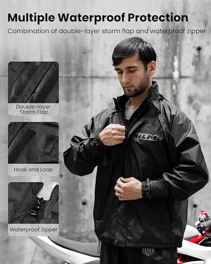 ILM Motorcycle Rain Suit for Men 2 Piece Waterproof Jacket and Pants Hidden Shoe Cover Breathable Reflective Model RS03