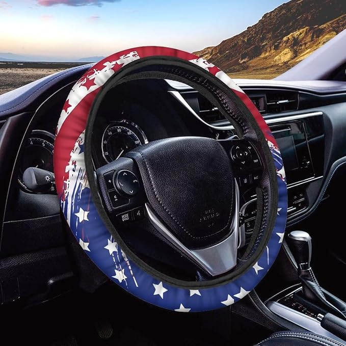 AFPANQZ Elastic Steering Wheel Cover, USA Print Non-Slip Steering Wheel Protective Covers for Women Men Car Accessories Universal 15 Inch Fit Auto, Suvs, Truck