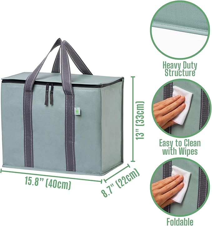VENO 2 Pack Cooler Bag and Insulated Grocery Bags for Food Delivery, Collapsible Cooler. Reusable Shopping Bags for Groceries with Hard Bottom, Zippered, Foldable, Heavy-Duty (Light Green, 2 Pack)