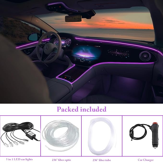 RGB LED Fiber Optic Car Interior Lights, APP Controlled Ambient Lighting Kit 236in, Music Sync, Dimmable, Timer Function, 5-in-1 Optical Fiber Ambient Light for Car Decoration, Universal Fit