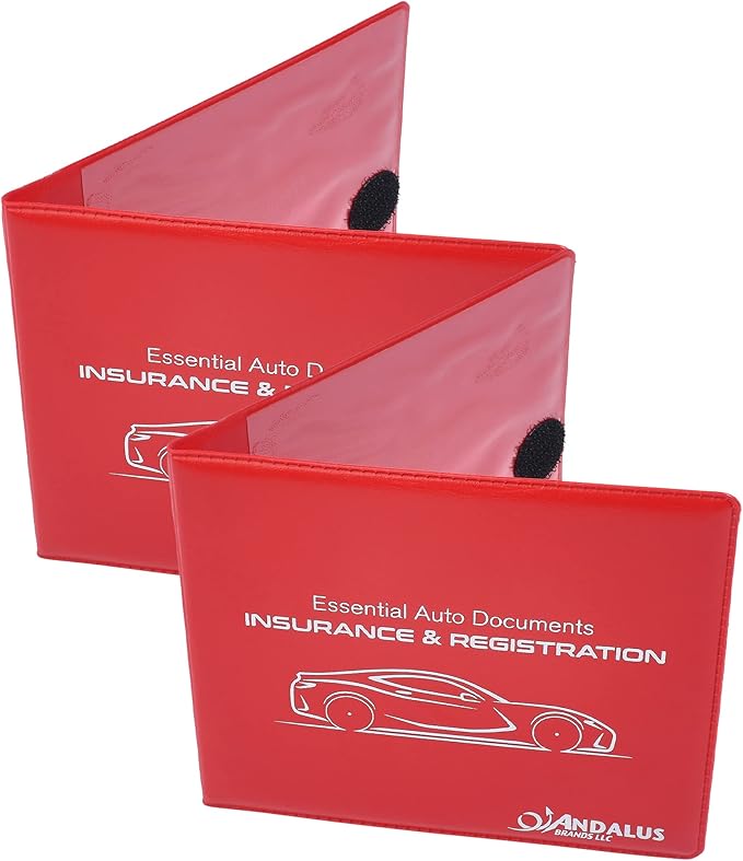Andalus Auto Registration & Insurance Card Holder Pack of 2, Waterproof Essential Car Registration Holder with Hook & Loop Closure, Perfect for Every Vehicles Glove Boxes (Red - 5 1/8" x 4 5/8")
