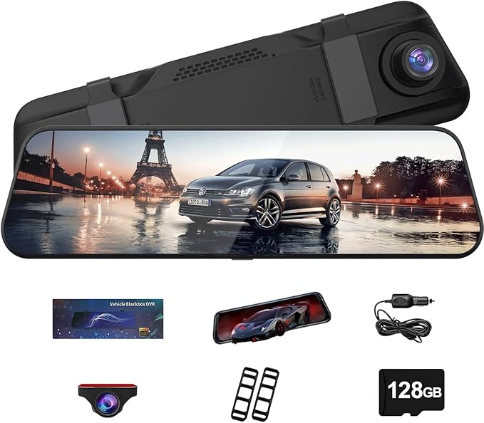 4K Dual Dash Cam for Cars, 9.66” Touchscreen Mirror Camera with WiFi, CarPlay, Suitable for All Models, Front 4K + Rear 1080P Recording, Night Vision, Parking Assist, 128G sd Card