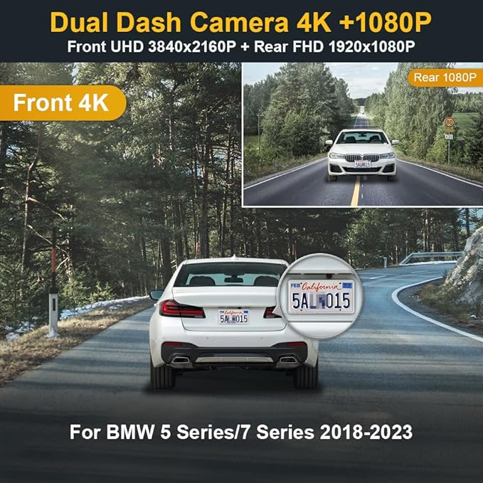 Fitcamx 4K Dual Dash Cam for 2018-2023 BMW 5 7 Series 530i 540i M550i 740i 750i M760i (G30/G11), OEM Look, Front 2160P+Rear 1080P Video, WiFi & APP, Loop Recording, G-Sensor, Easy to Set, 128GB Card