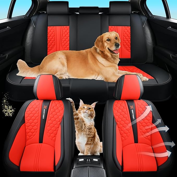 Car Seat Cover Set, Red Automotive Interior Accessories, Universal Fit, with Lumbar Support, Premium Nappa Leather, Waterproof, Non-Slip, Easy Installation, Fits SUVs, Pickups, Sedans