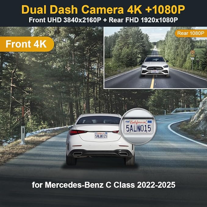 Fitcamx Front 4K+Rear 1080P Dash Cam Fits Mercedes-Benz C-Class 2022-2025 C300 Sedan Coupe Cabriolet (HD2-6635), OEM Look, Dual HD Video, Loop Recording, WiFi & APP, G-Sensor, Easy to Set, 128GB Card
