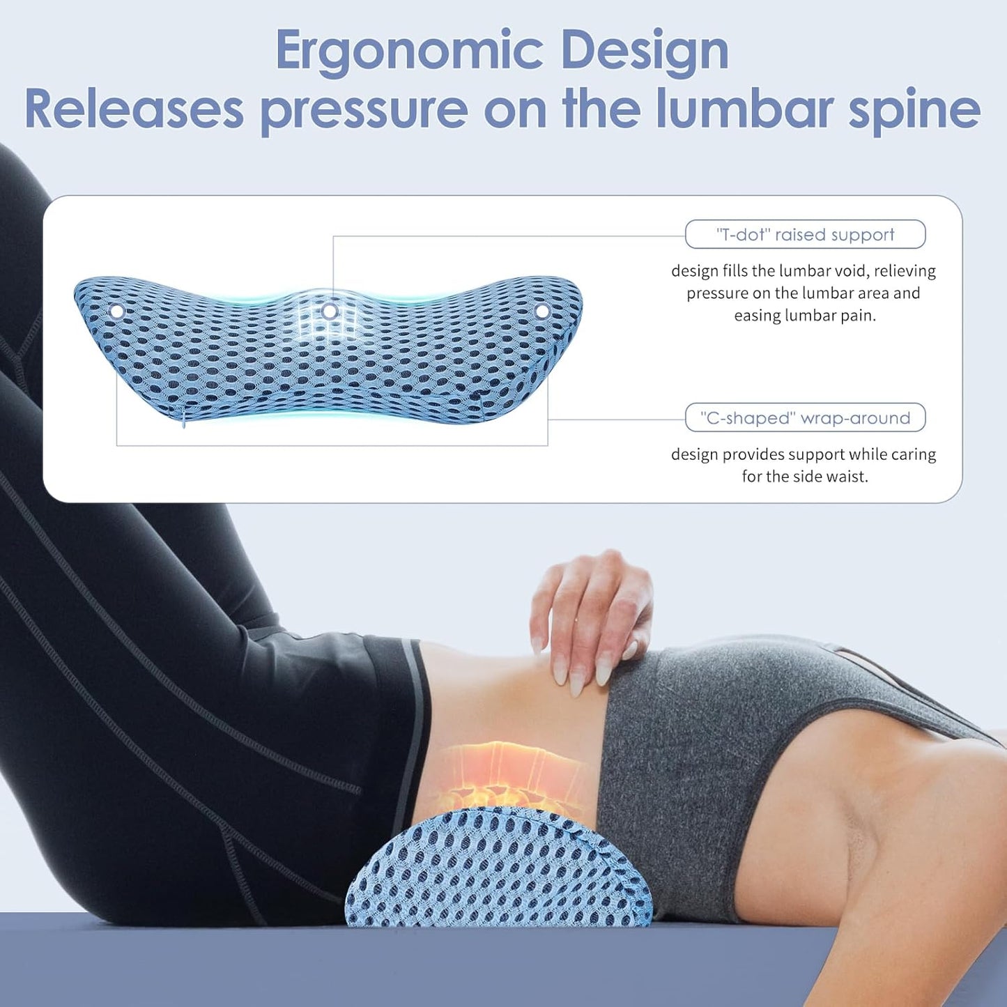 Lumbar Support Pillow Ergonomic Memory Foam, Relieve Back Pain, CMFY Breathable & Detachable & Washable, Perfect for Office Chairs, Car Seats, Beds (Blue)