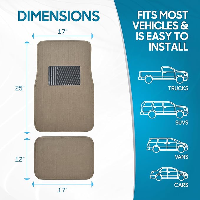 BDK Premium Medium Beige Carpet Floor Mats for Cars - Universal Fit Interior 4-Piece Car Mats Full Set with Vinyl Heel Pad Protector - Cute Car Accessories Interior Floor Covers for SUVs & Trucks