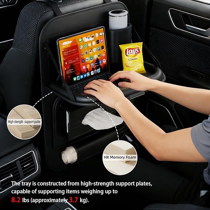 Universal Premium Leather Foldable Car Backseat Organizer with Table Tray, Car Seat Back Protector with Garbage Bag Touch Screen Pad Holder, Car Kick Mats Protector with Tissue Holder (Black)