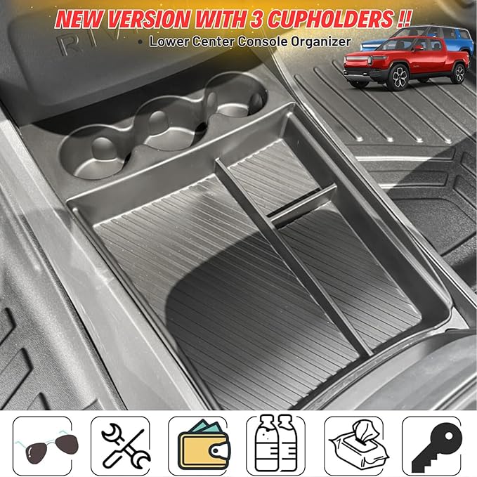 Lower Center Console Organizer Tray with Cup Holder/Armrest Organizer Storage Box Compatible with 2026 2025 2024 2023 2022 Rivian R1s R1t Interior Insert Accessories, Black - 2 Pack