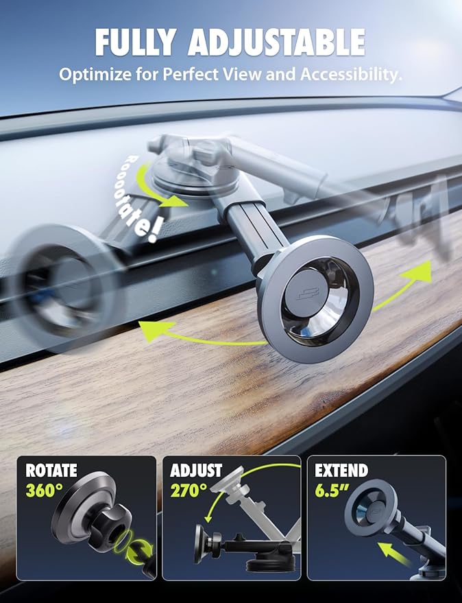 Bracketron MagSafe Car Mount,MagAlign Pro Extend Magnetic Phone Holder for Car Windshield & Dashboard, 360° Vacuum Suction Cup Phone Mount for iPhone 17 Pro Max 16 15 14 13 12,Car Accessories.