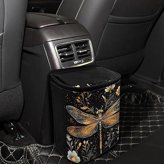 Gold Dragonfly Car Trash Can with Lid, Cute Leakproof Car Trash Garbage Bag Hanging Vehicle Trash Bin Small Portable Automotive Garbage Cans Organizer for Back/Front Seat/Console
