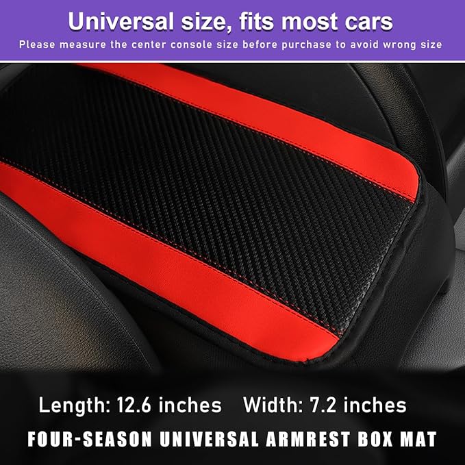 Car Center Console Pad, PU Leather Auto Armrest Seat Box Cover Protector, Comfortable Arm Rest Storage Box Mat for Vehicle Interior Protection, Universal Car Accessories (Carbon Fiber Red)