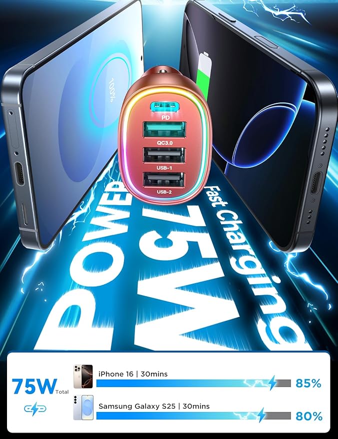 75W Car Charger USB C, 4 Port Super Fast Cigarette Lighter USB Charger, Type C 60W & QC 3.0 Multiport Car Phone Adapter Accessories for iPhone 17/16/15/14/13/12 Pro Samsung S26 Series, Android, Red