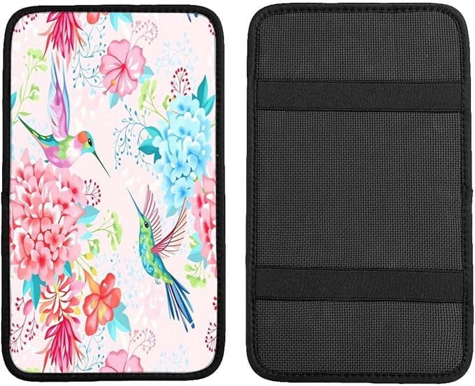 Hummingbird Floral Car Handrail Box Cushion Armrest Cover Auto Center Console Pad Car Decor 12.6X7.5 in