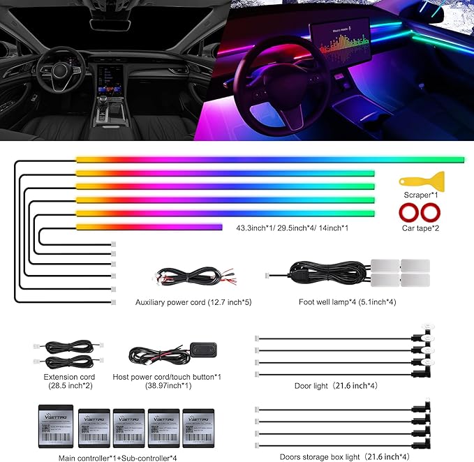 Dreamcolor Acrylic Interior Car LED Strip Light with Wireless APP, Dual Zone RGB 18 in 1 with 175 inches 593 LEDs Fiber Optic Neon Strip Lights for Car, Music Sync Neon Car Ambient Lighting Kits