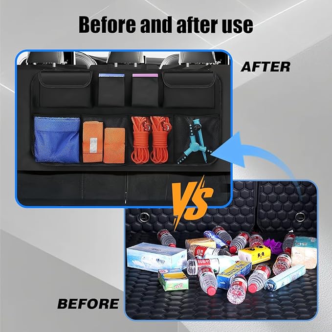 Car Trunk Organizer, Backseat Hanging Trunk Organizers and Storage, Waterproof Collapsible Cargo Storage Bag with 4 Pockets & 4 Mesh Pouches, Car Interior Accessories for SUV, Truck (Black)
