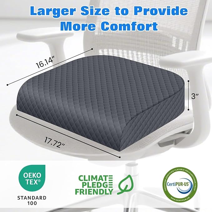 Seat Cushion for Office Chair, Memory Foam Chair Cushions, Car Seat Cushion for Long Sitting, Desk Chair Cushion for Pressure Relief, Non-Slip Bottom, Washable Cover, Large, Grey