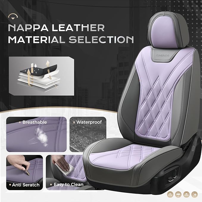 Coverado Car Seat Covers, Front Covers for Cars, Car Seat Cover Front Seats, Automotive Seat Cover, Waterproof, Leather Car Seat Cushion, Universal Interior Seat Protectors for Most Cars Gray-Pruple